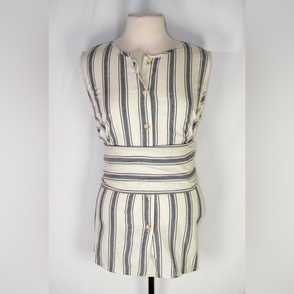 Who What Wear Cream and Black Striped Sleeveless Tunic with Waistband